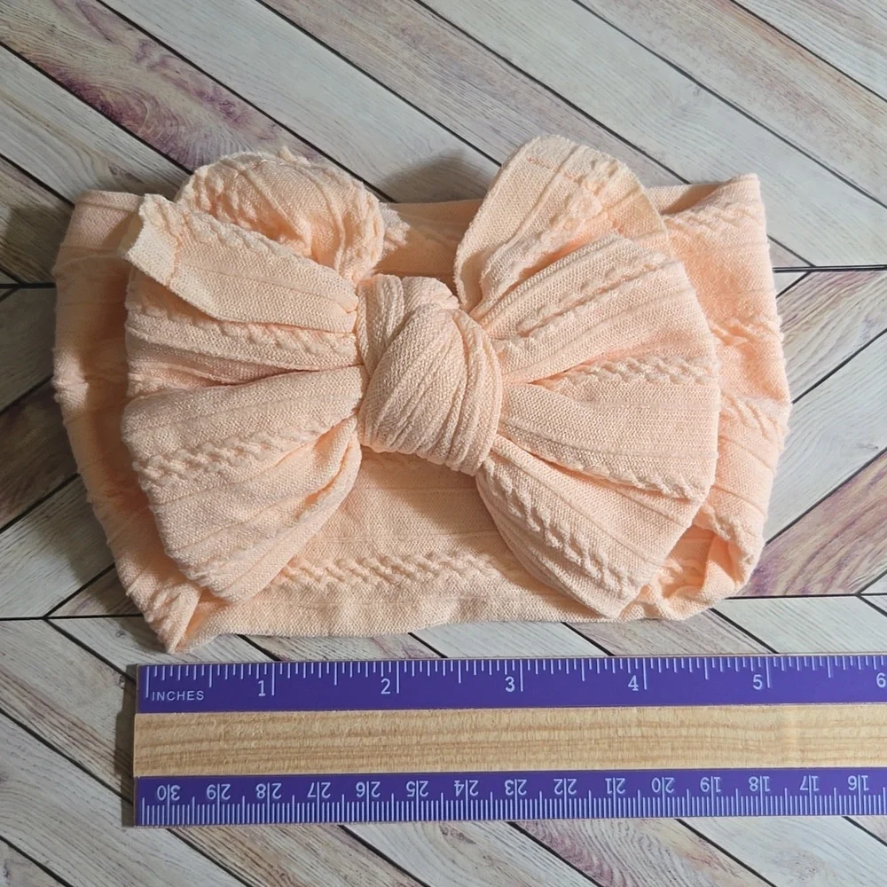 Baby Toddler Peach Cable Knit Bow Headband Stretchy Wide Kids Top Knot Hair Band